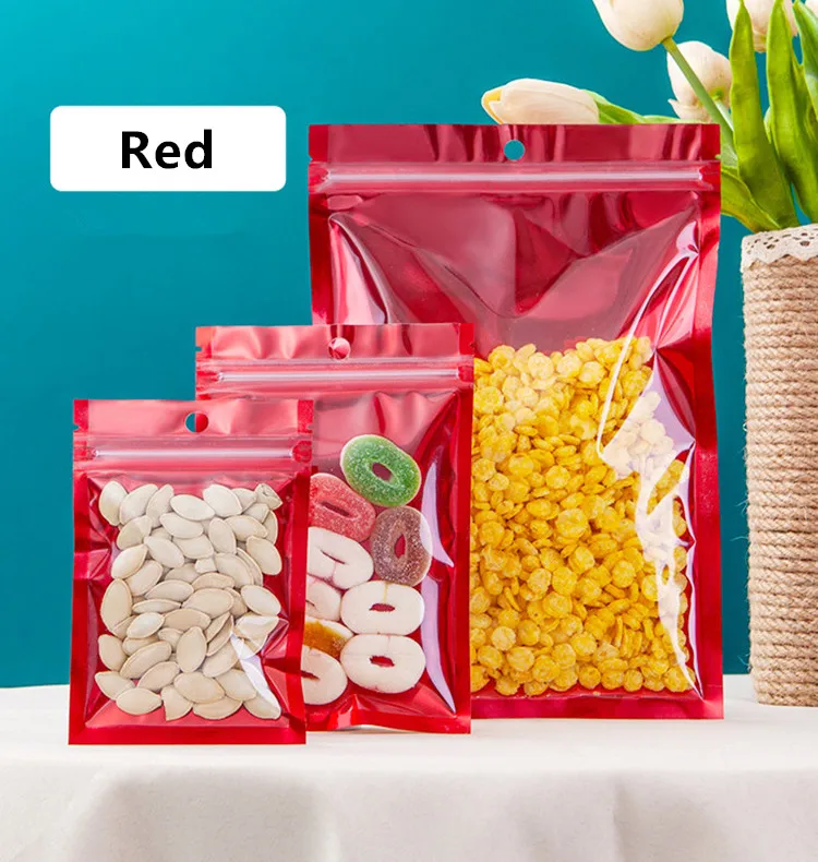 100PCS Clear Front Glossy Red Flat Plastic Zipper Storage Bag Resealable Sugar Snack Coffee Spice Jewelry Packaging Pouches