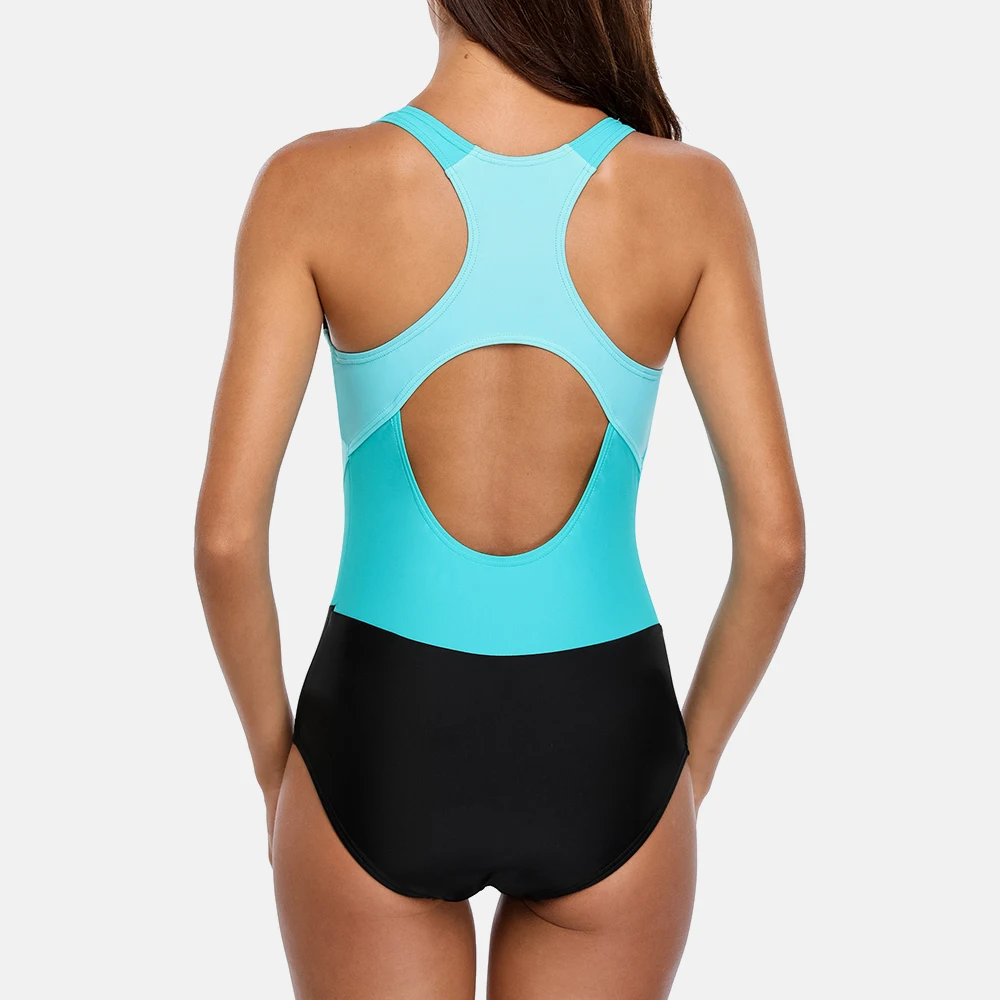 Anfilia One Piece Women Sports Swimwear color block Sports Swimsuit Patchwork Beachwear Bathing Suit Padded Monikini Body Suit