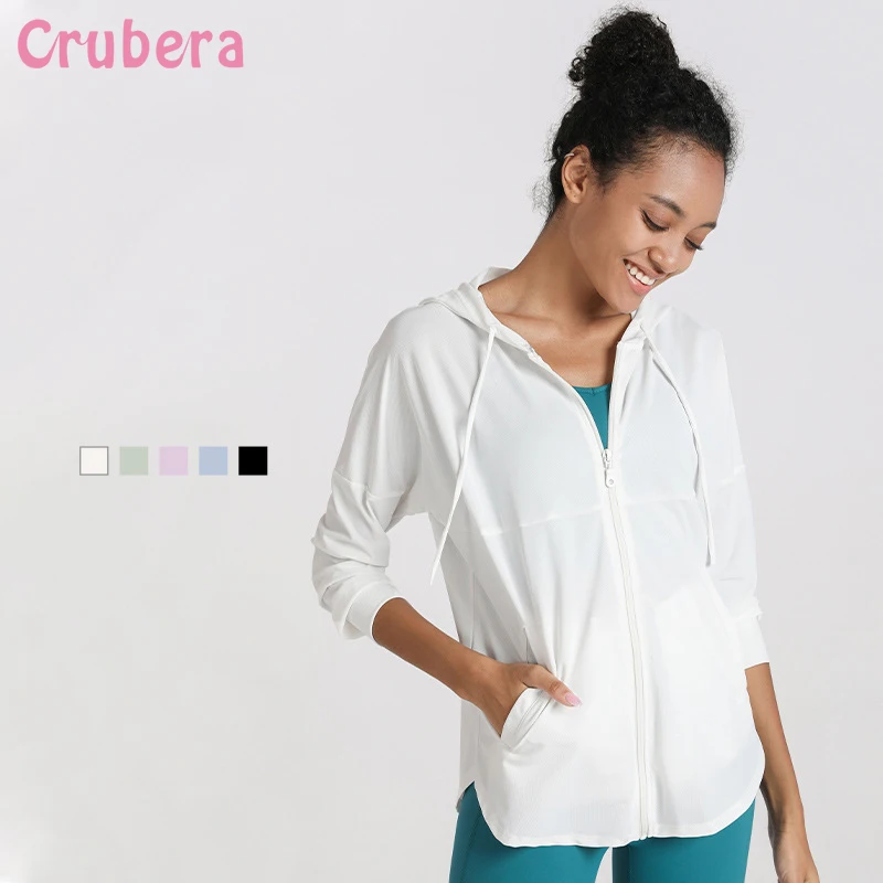 CRUBERA Yoga Fitness Jacket Women Loose Hooded Zipper Cardigan Long Sleeve Running Workout Fit Training Sports Clothes DS-15