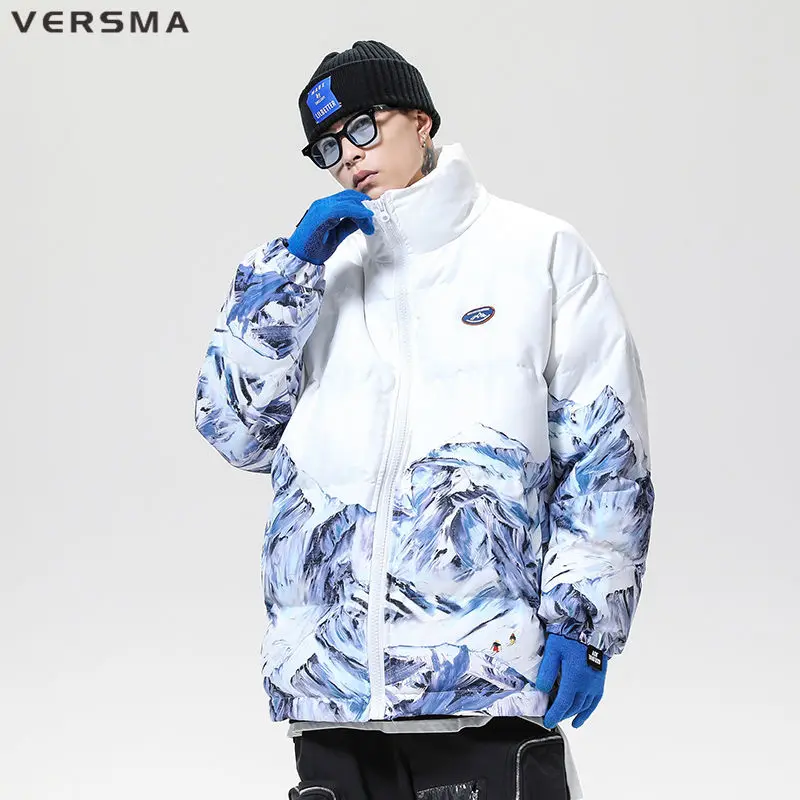 

VERSMA Japanese Streetwear Winter Snow Mountain Print Parka Men Stand Collar Cotton Padded Jacket Coat Parkas Women Dropshipping