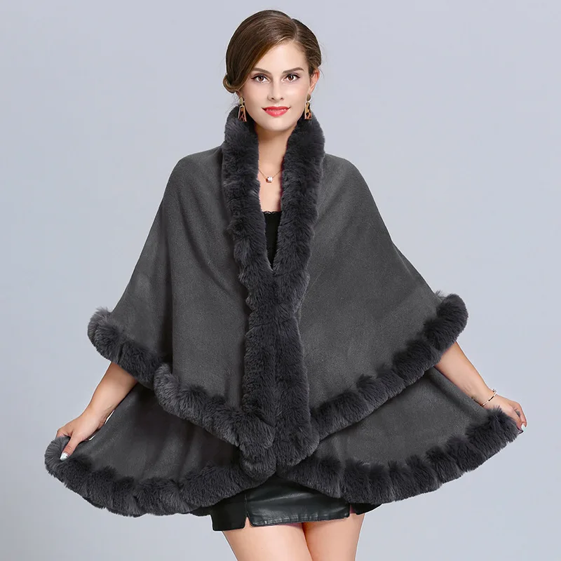 Fashion Full Handcraft Trim Rabbit Fur Coat Cape Women Double Layer Knit Cardigan Faux Fur Shawl Cloak Fall Winter Wraps Warm