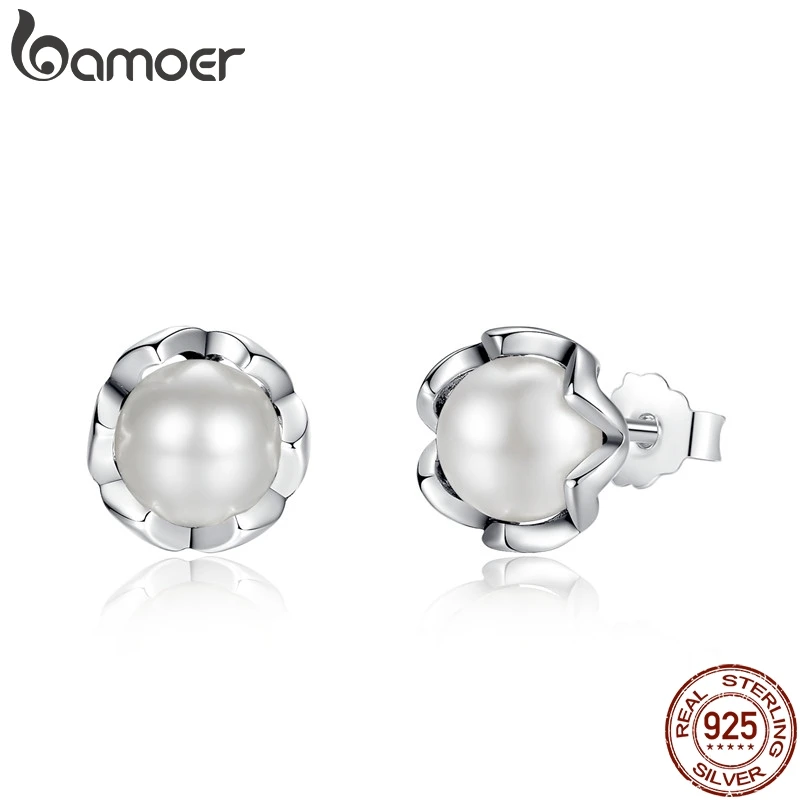 BAMOER 925 Sterling Silver Cultured Elegance Stud Earrings With White Fresh Water Cultured Pearl Sterling Silver Jewelry PAS420