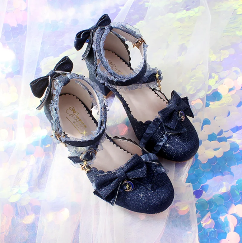 vintage round head thick heel women shoes cute lace bowknot kawaii shoes loli cosplay Japanese tea party sweet lolita shoes