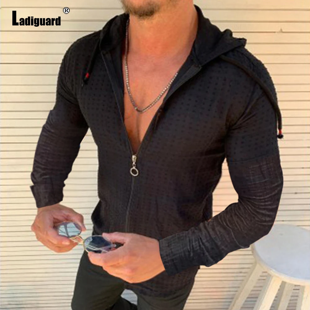 Ladiguard Grid Shirt Men Summer Autumn Casual Tops Solid White Dot Print Zipper Shirt Mens Jogging Hooded Shirt Clothing 2024