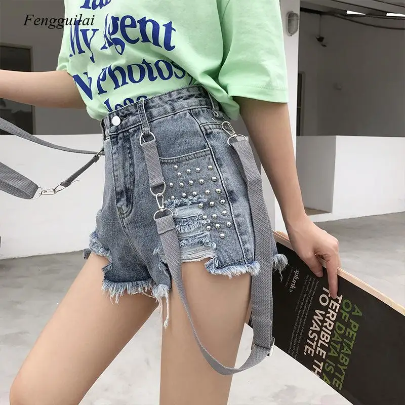 2021 Summer Autumn New Beading Shoulder Strap Streat Wear Cool Style Female Black Denim Shorts