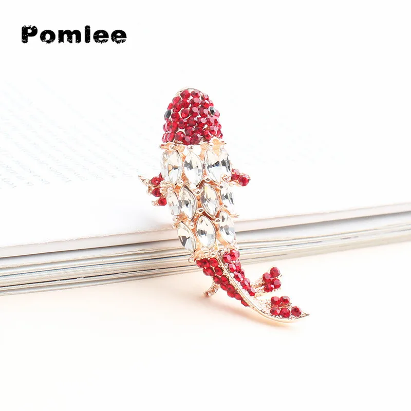 Pomlee Crystal Red Carp Fish Brooches Women Men White Red Rhinestone Fish High Quality Party Causal Office Brooch Pins Gifts