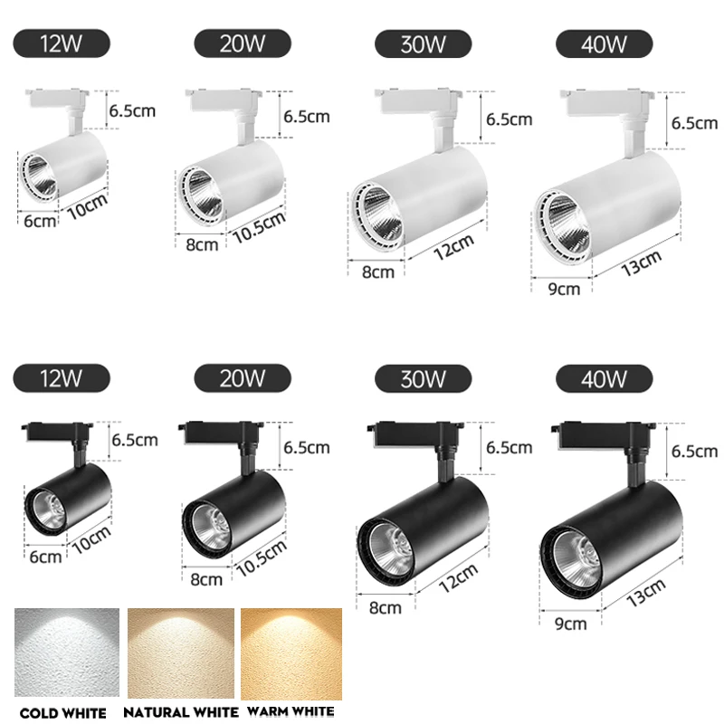 LED COB Track Light Set, luminária de teto, Spots Lâmpadas, Rail Lights para cozinha, loja, casa, loja, quarto, 12W, 20W, 30W, 40W