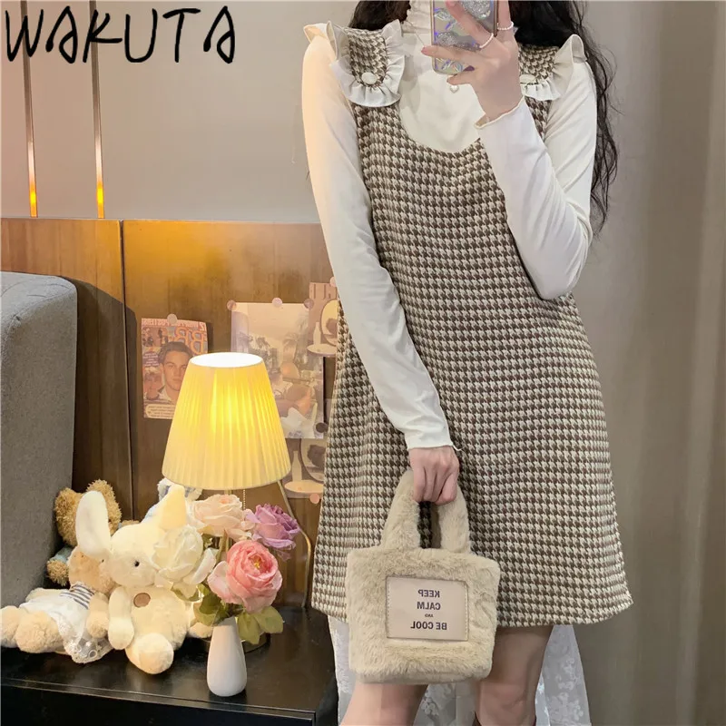 

WAKUTA New Sweet Plaid Suspender Dress Japanese 2024 Slim Vintage Ruffles Sleeveless Mini Dresses Autumn Winter Preppy Fashion