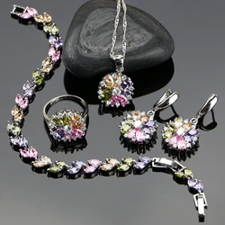 Bride 925 Silver Jewelry Sets For Women Flower With Multicolor Cubic Zirconia Necklace/Ring/Earrings/Bracelet/Pendant