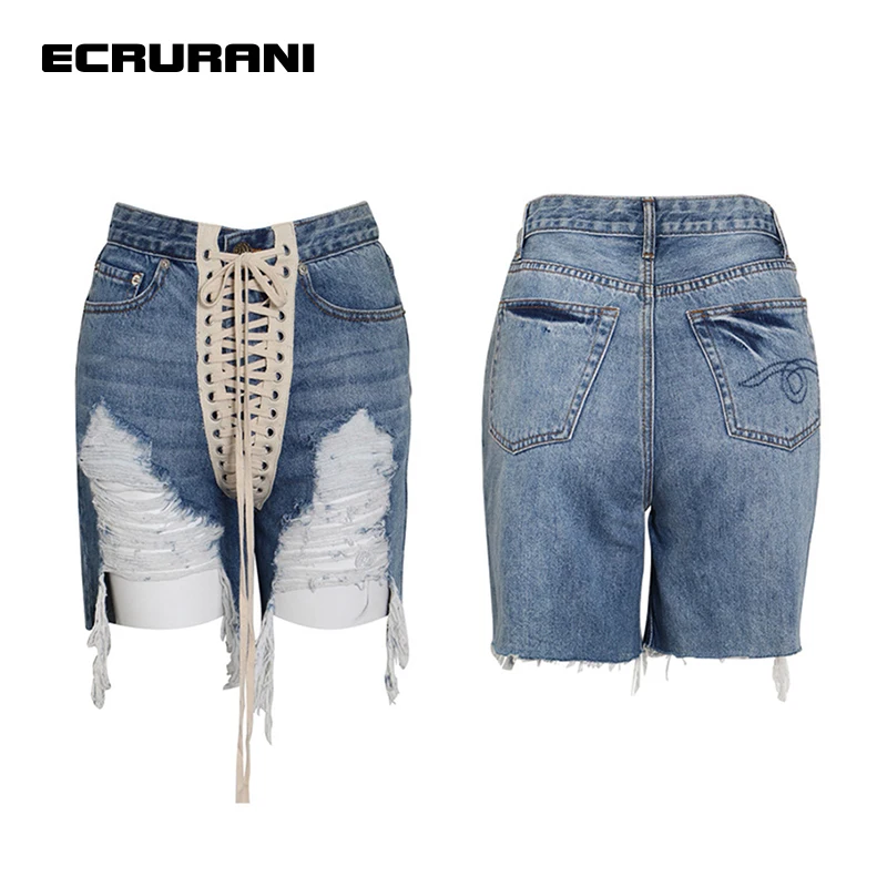 ECRURANI Denim Patchwork Short Pants For Women High Waist Lace Up Asymmetric Designer Shorts Females Fashion Clothing 2021 Style