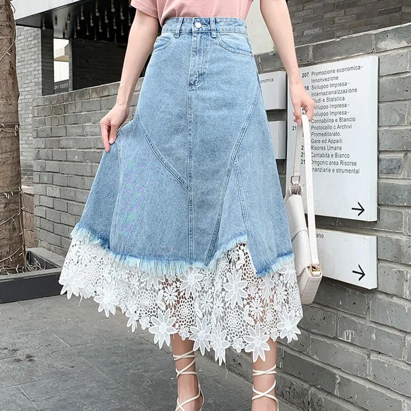 LLZACOOSHI 2021 Summer New Women's Skirt All-Match Pleated Lace Patchwork Hight Waist Slim A Line Long Denim Skirt Streetwear