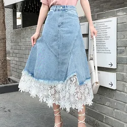 LLZACOOSHI 2021 Summer New Women's Skirt All-Match Pleated Lace Patchwork Hight Waist Slim A Line Long Denim Skirt Streetwear