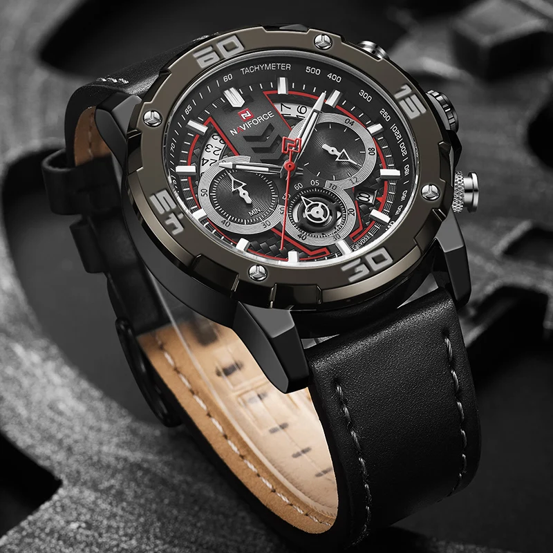 NAVIFORCE Waterproof Sport Watches for Men Military Multi-function Chronograph Wrist watch Male Luxury Leather Band Quartz Clock