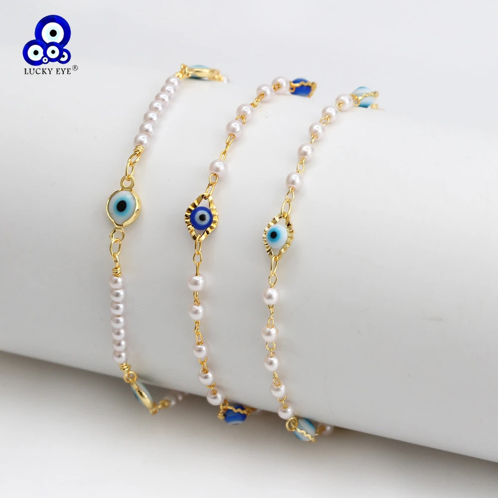 Lucky Eye Adjustable Simulated Pearl Beaded Bracelet Blue Turkish Evil Eye Charm Bracelet for Women Girls Fashion Jewelry BE462