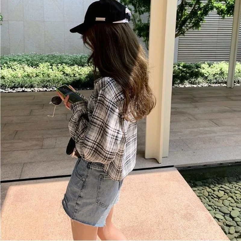 Shirts Women Cropped Ladies Tops Leisure Plaid Design Minimalist Lovely Korean Version Daily Newest Popular Trendy Cozy Soft Ins