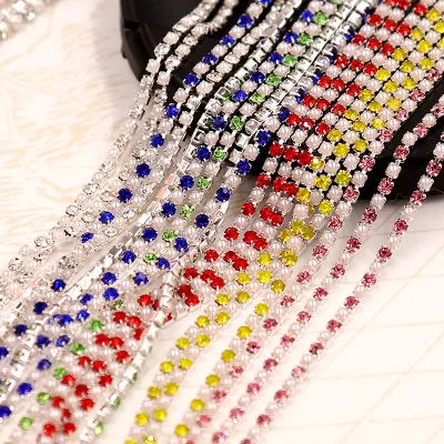 1Yard SS6-2mm 12 color Pearl Glitter Crystal Rhinestone Chain Sew-On Glue-On For Clothes DIY Garment Accessories trim Cup Chain