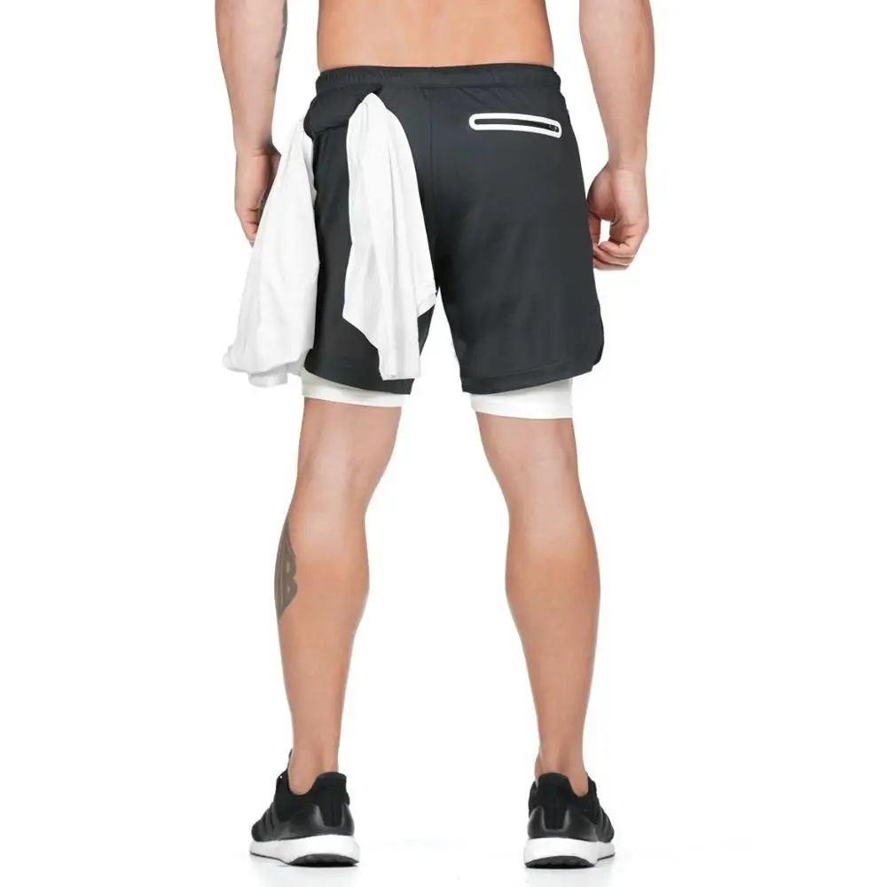 New Men 2 in 1 Running Shorts Gym Fitness Bodybuilding Training Quick Dry Beach Short Pants Male Summer Workout Crossfit Bottoms