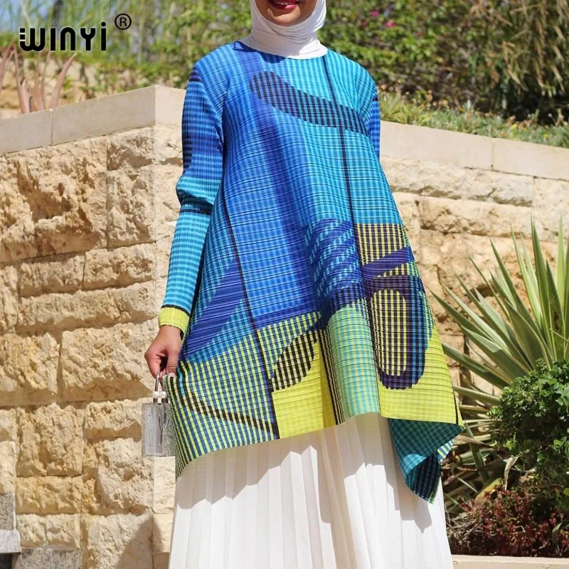 Tailand Pleated Dress women's geometric printing long sleeve oversized round neck wild color contrast Casol summer fashion