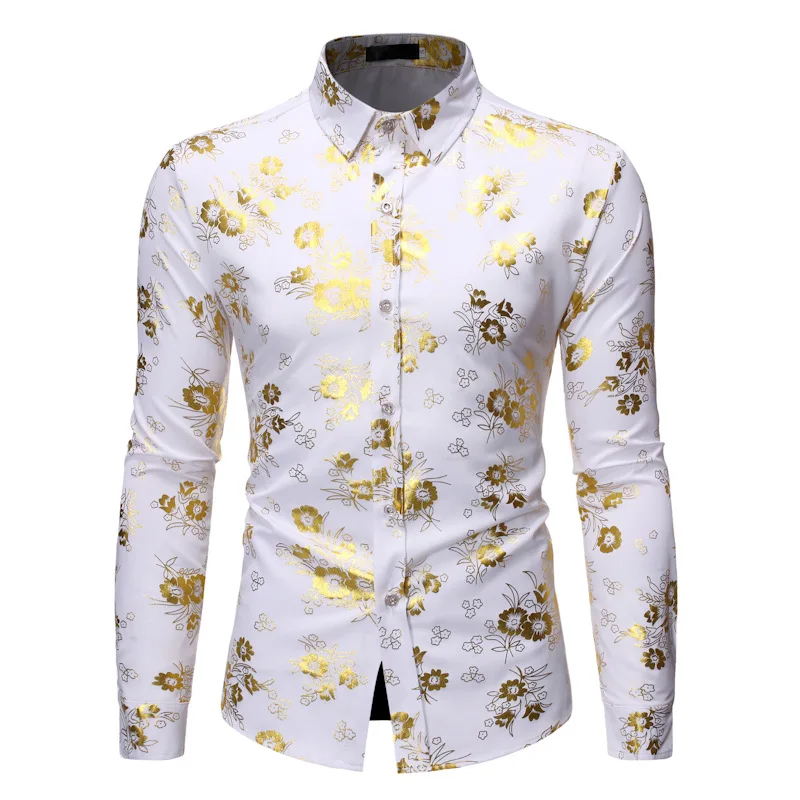 Mens Fashion Shiny Gold Floral Printed Button Down Dress Shirts Camisa Masculina 2023 Brand Black Slim Fit Long Sleeve Shirt Men