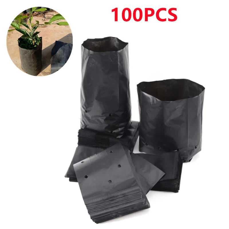 

100Pcs Thicken Plant Grow Bags Seedling Pots Eco-Friendly Garden With Breathable Holes Black Planting Bags PE Nursery Bags