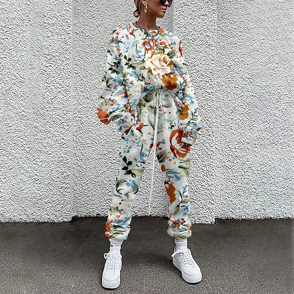 Floral Print Autumn Women Blouse + Pants Long Sleeve Loose Blouse Pants Casual Tracksuit Outfit 4XL Warm Clothes Lady