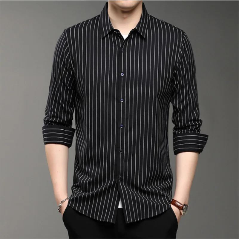 Stretch Men\'s Dress Shirt Fashion Long Sleeve Thin Youth Slim Fit Social Office Solid Striped Non-iron Soft Plain Smart Shirts