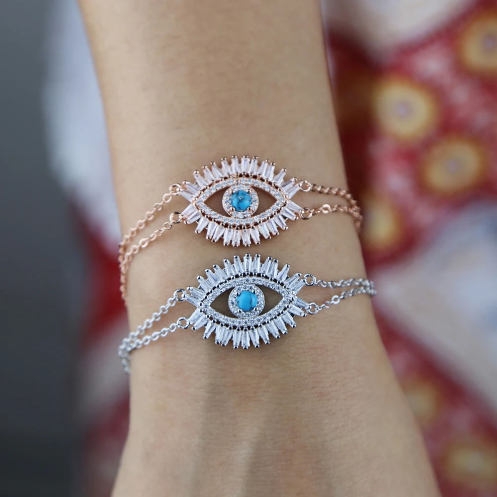 Geometry Cubic Zirconia CZ Eye Bracelet 3 Color Luxury Gorgeous Women Christmas Gifts Turquoises Gem Shiny Chic Evil Eye Jewelry