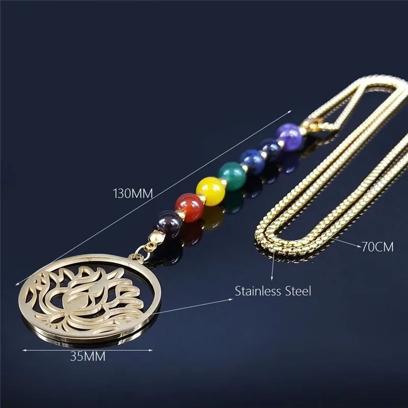 Yoga Lotus 7 Color Chakra Stone Stainless Steel Chain Necklaces for Women Gold Color Long Necklaces Jewelry collar N466S04