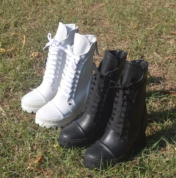 New Woman White Black Genuine Leather High Top Sneakers 8 cm Height Increasing Thick Sole Platform Wedge Short Combat Boots