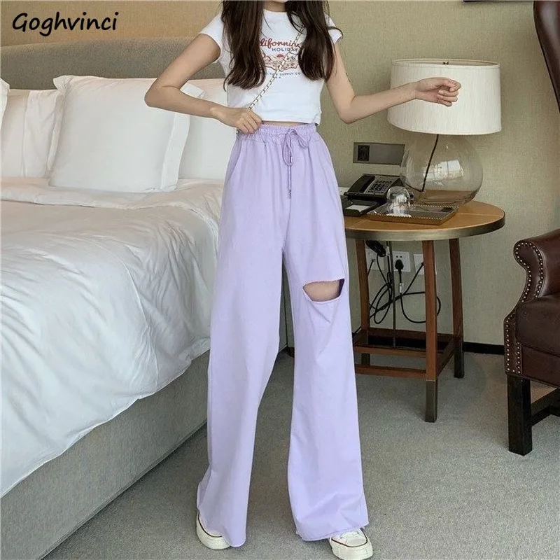 

Casual Pants Women Hole Elastic Waist Lacing Pant Womens Straight Chic Ins Leisure Ladies Bottoms Wide Leg All-match Fashion New