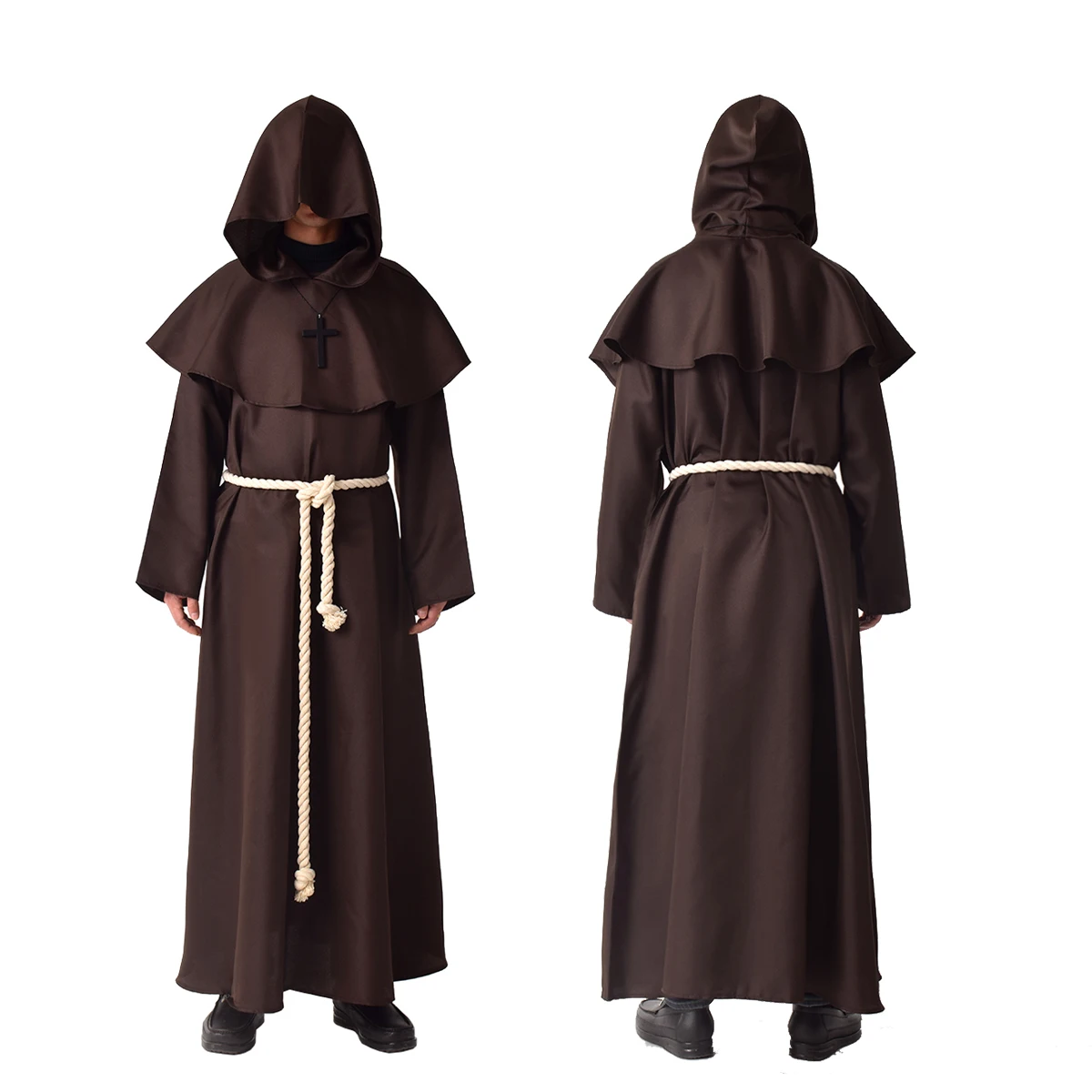 Medieval Priest Costume Men Monk Cowl Mantle Cross Hooded Cloak Robe Outfit Halloween Wizard Cosplay