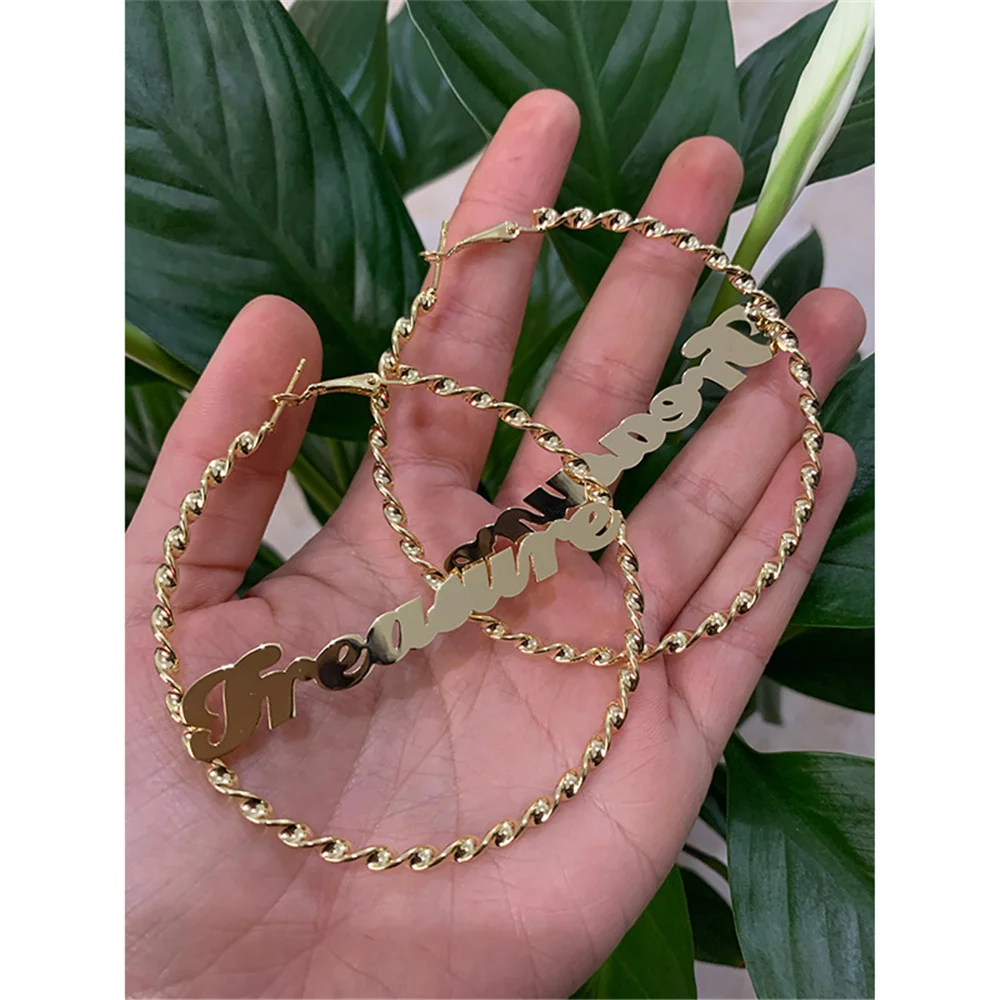 3UMeter Custom Name Earring Personalized Big Hoop Name Earring Stainless Steel Thread Custom Earrings Women Accessories For Gift