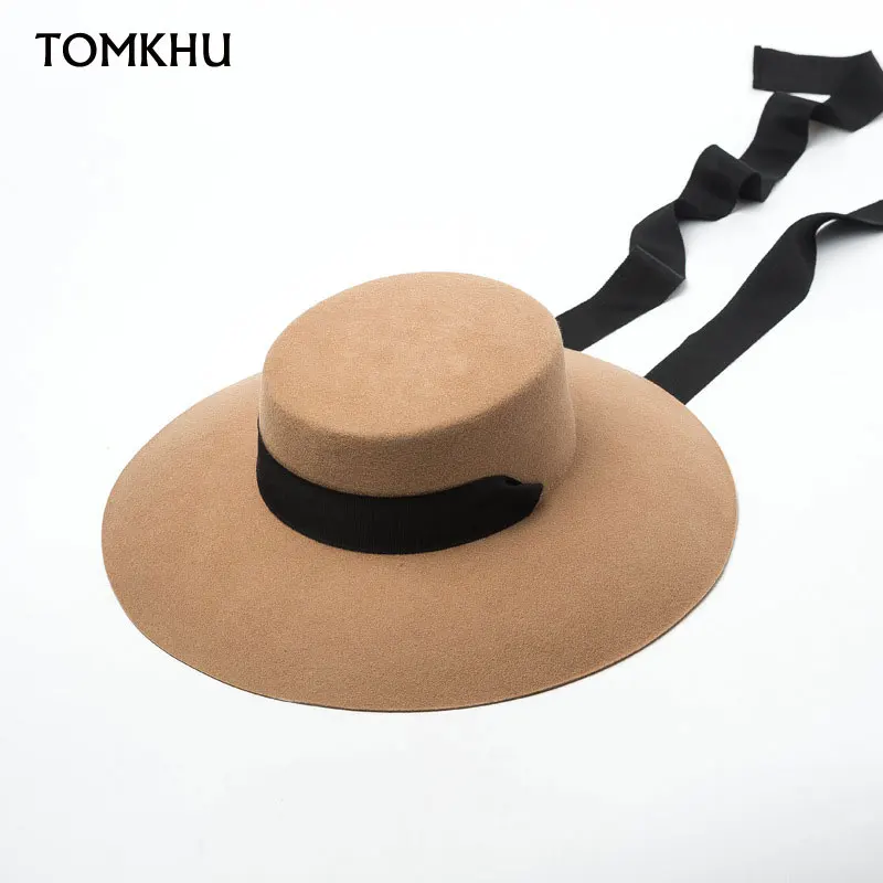 Flat Top Fedora Hat For Women Autumn Winter Solid 100% Wool Wide Brim Cap Female Cap With Black Long Streamer Gorros Pillbox Hat