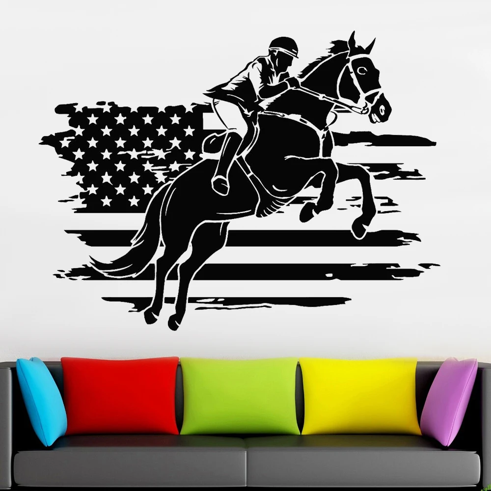 American Flag Wall Decal Jockey Horse Race Jump Sports Vinyl Wall Stickers Home Decoration Accessories For Living Room Z556