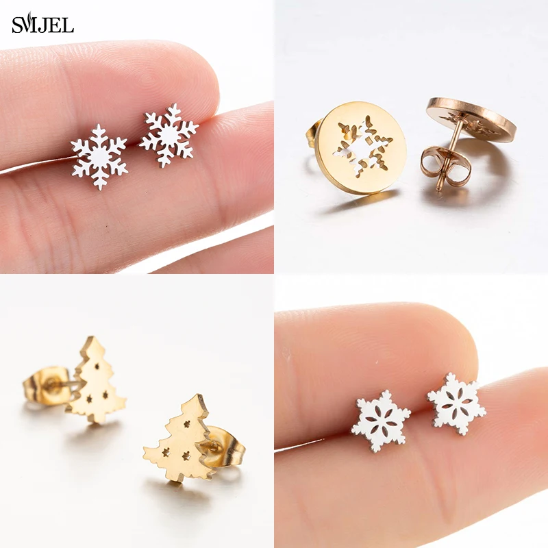 Bohemian Winter Snowflake Stud Earrings for Women Trend Elk Deer Ghost Flower Earrings Piercing Jewelry Christmas Gifts