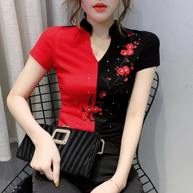 Summer Fashion Folk Clothes T-Shirt Sexy Patchwork Embroidery Diamonds Women Tops Ethnic Bottoming Shirt Tees 2022 New T02005