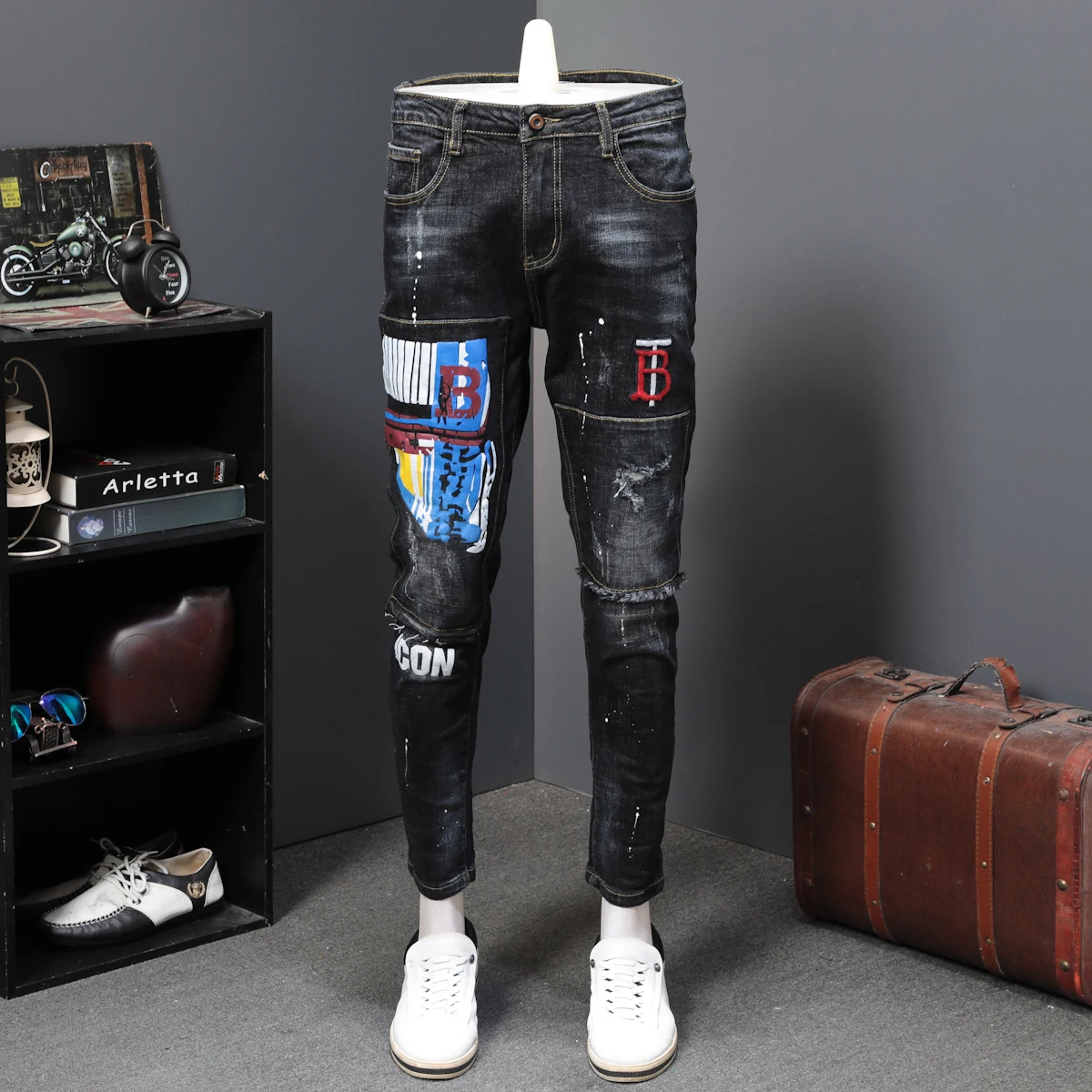 Spring Men Black Long Trousers Fashion Print Jeans Male Colored Drawing Painted Slim Denim Pants Designer Jeans Printing Jeans