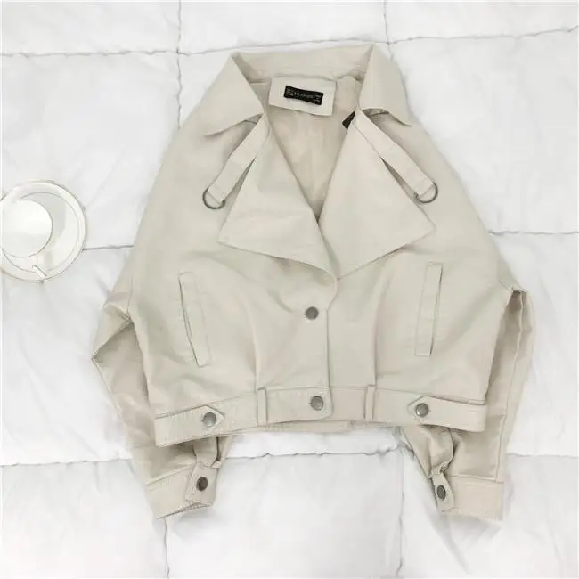 Loose Pu Leather Bat Sleeve Vintage Jacket for Street Leisure Outdoor Leisure Fashion