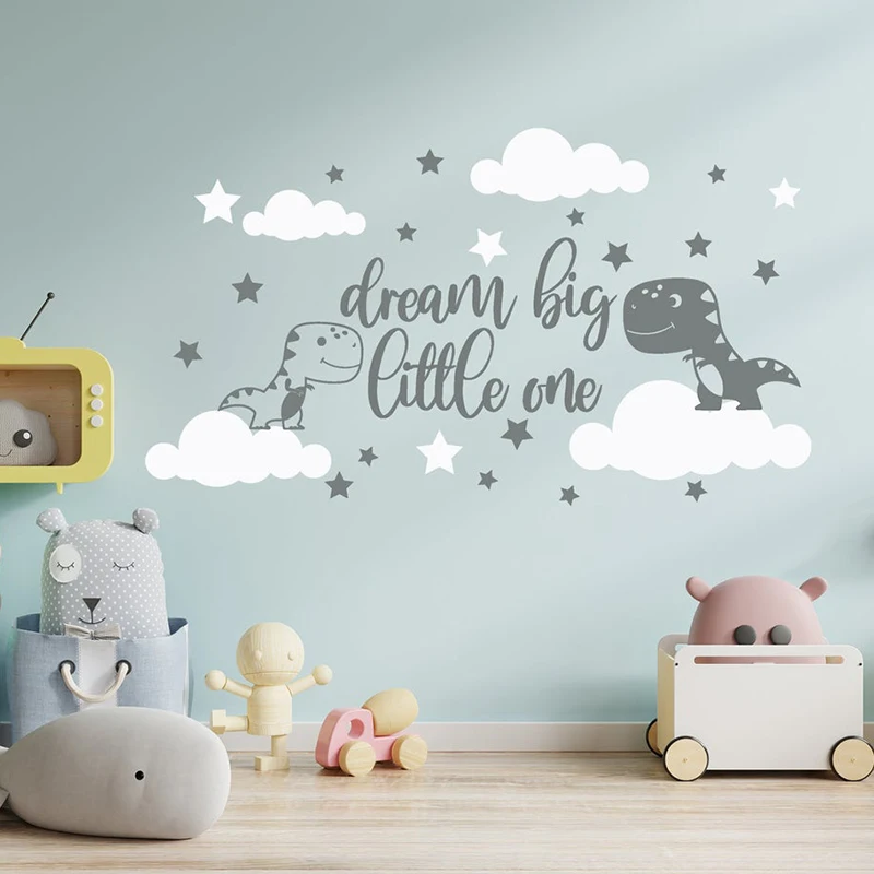 Cartoon Dinosaur Dream Big Little One Cloud Wall Sticker Nursery Kids Room  World Dino Animal Sky Star Wall Decal