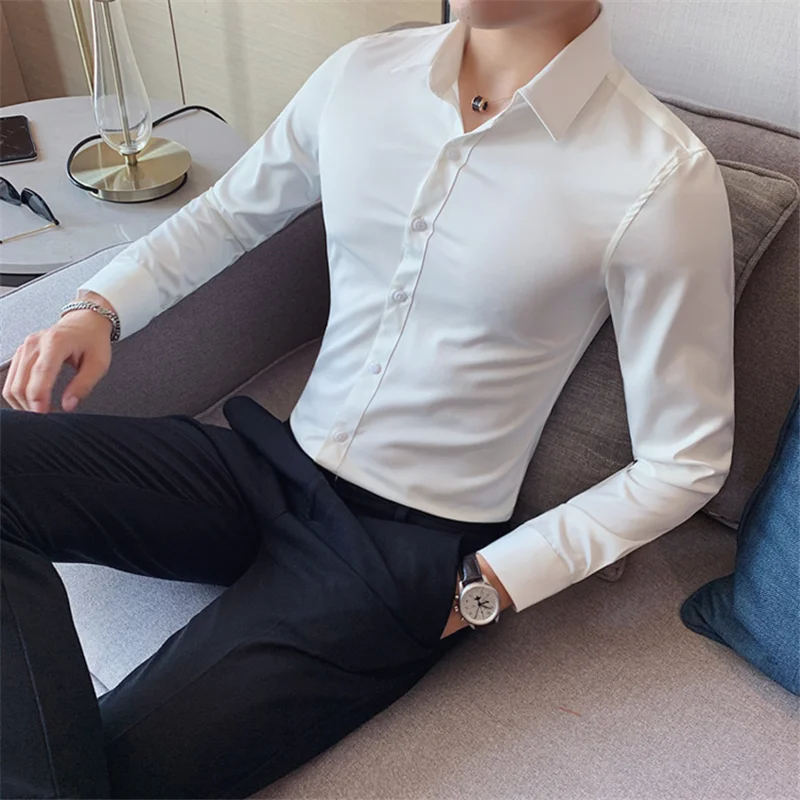 High Quality New Solid Dress Shirt Men Long Sleeve Fashion Slim Male Social Casual Business Shirt Black White Green Dress Shirt