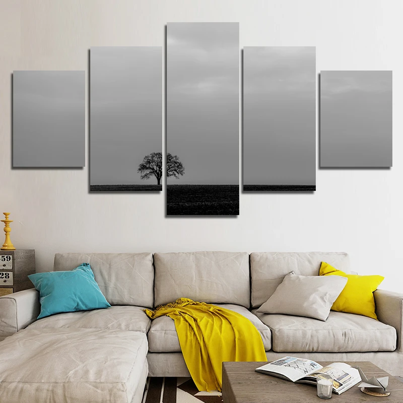 5pcs Canvas Frameless Home Decorative Posters Cloudy Gray Lonely Tree Minimalist HD Waterproof Ink Printing Art Photo