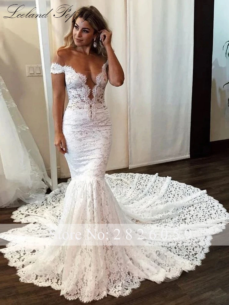 Lceland Poppy Customized Sexy V Neck Lace Mermaid Wedding Dresses Off the Shoulder Bridal Gowns with Chapel Train