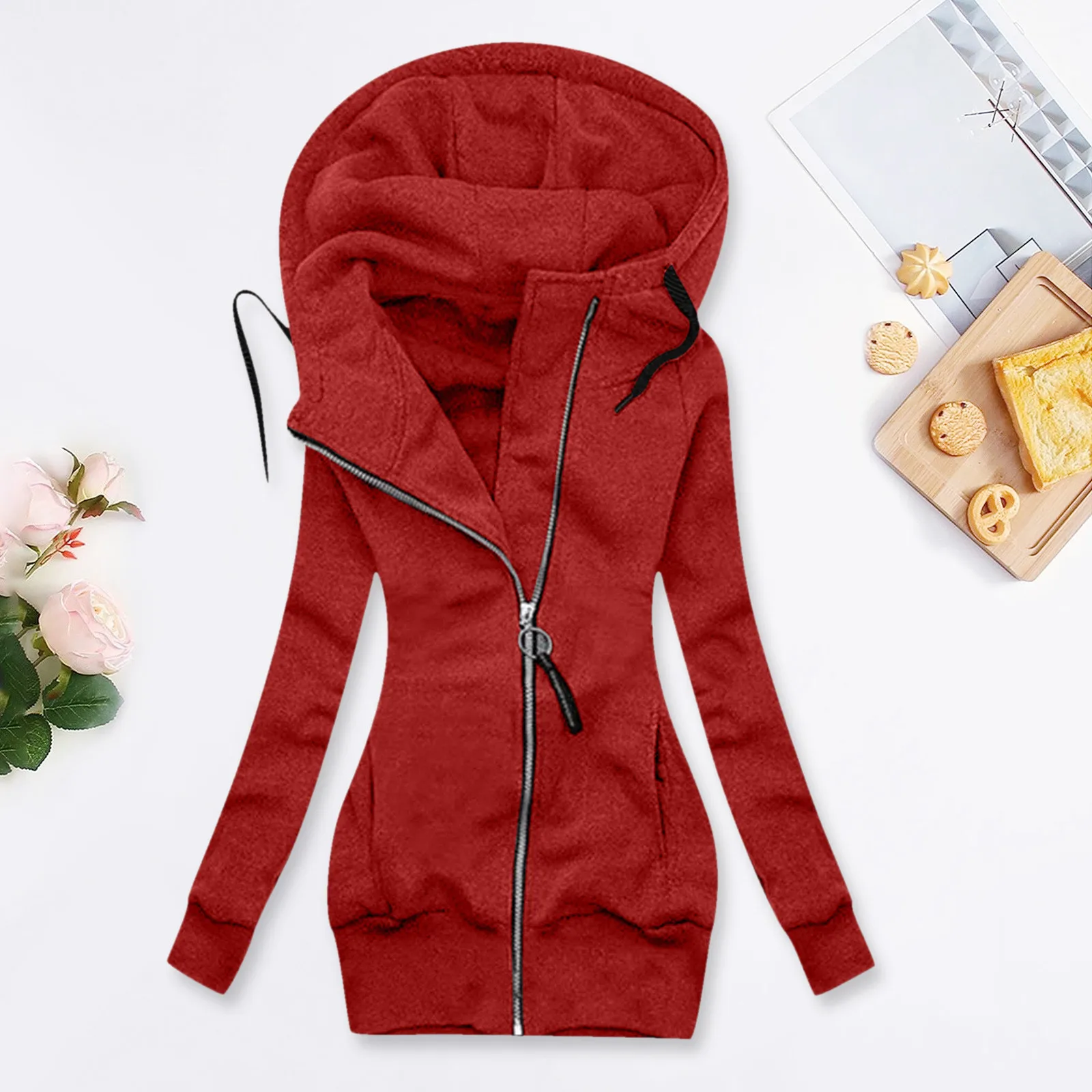 PlusSize Women Jacket Fashion Solid Color Hooded Coat Zipper Pocket Long Sleeve Sport Autumn Winter Long Hoodies Sweatshirts