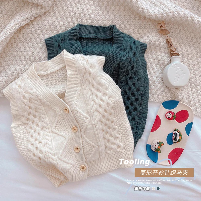 Baby Girls Boys Vest Sweater Cardigan Coat Spring Autumn Children\'s Clothing Korean Kids Sleeveless Diamond Knitted Sweater Vest