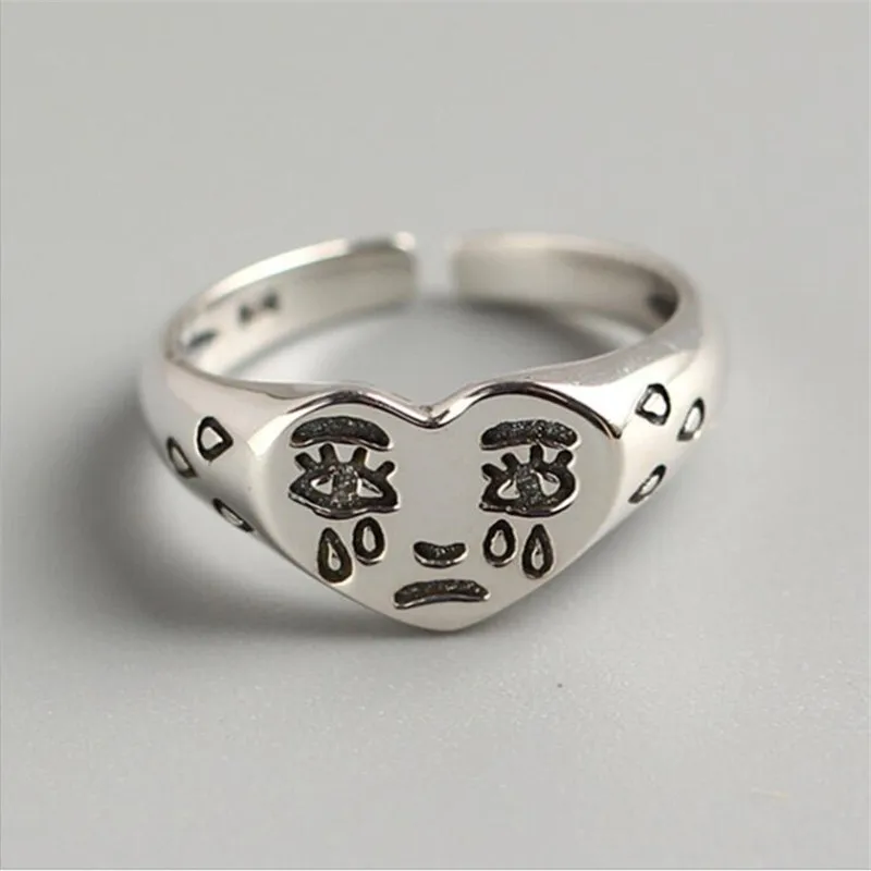 Simple Creative Sad Cry Face 925 Sterling Silver Jewelry Personality Tearful Expression Heart Shaped Opening Rings TYB444