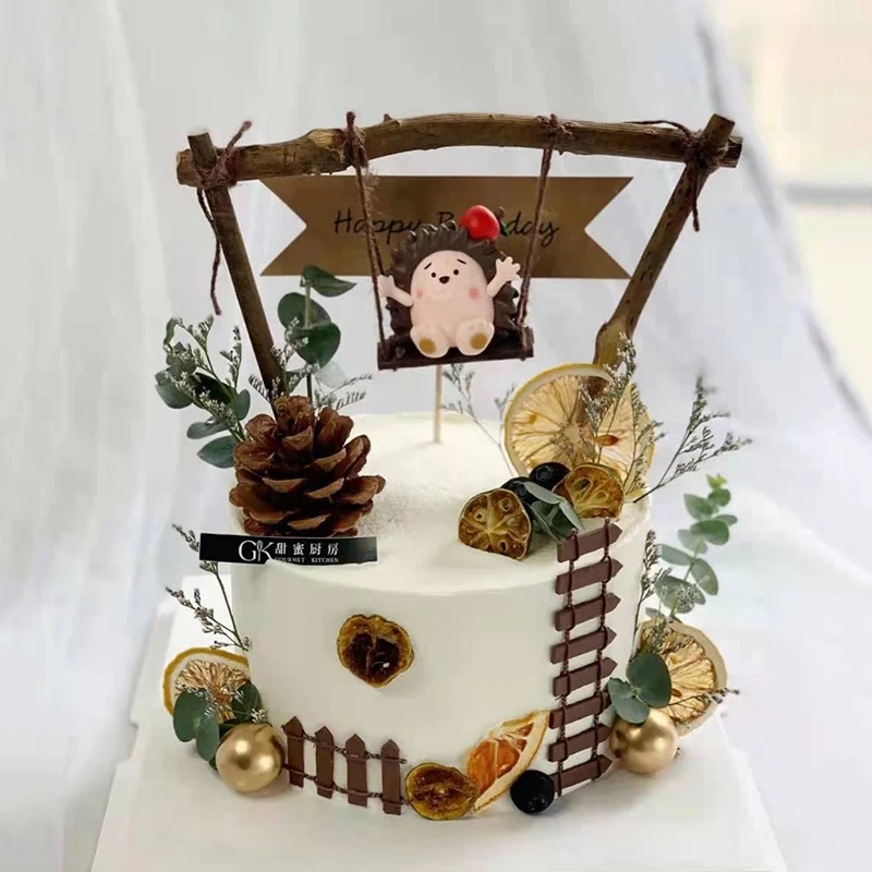 Hedgehog Swing Cake Topper Jungle Wild Forest Animals Figures Woodland Cupcake Topper Cake Decoration Birthday Party Favors Gift