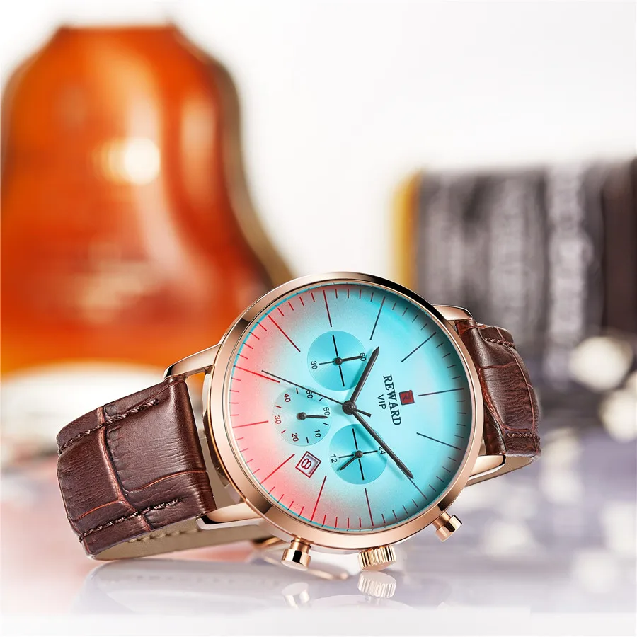 REWARD Men Watch Top luxury Multicolor glass Quartz Watches Leather Waterproof Sport Male Clock Chronograph Relogio Masculino