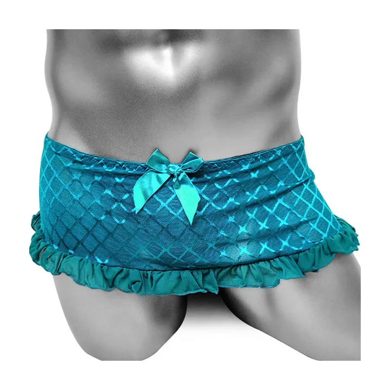 Sissy-bragas tipo Tanga con falda, lencería Sexy Gay, ropa interior a cuadros con lazo, faldas con volantes, bolsa para pene, ropa interior transparente