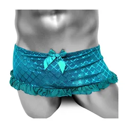 Sissy Skirted Thong Panties Gay Sexy Lingerie Underwear Plaid Bowknot Ruffles Skirts Penis Pouch Underwear See Through Panties