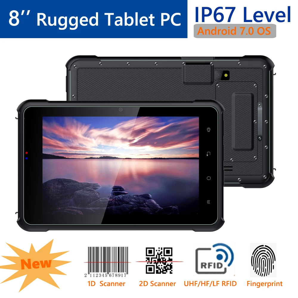 

Android 7.0 OS 8'' Rugged IP67 Industrial Tablet PC with Fingerprint Collector Barcode Scanner UHF LF 125KHZ 134.2KHZ Computer